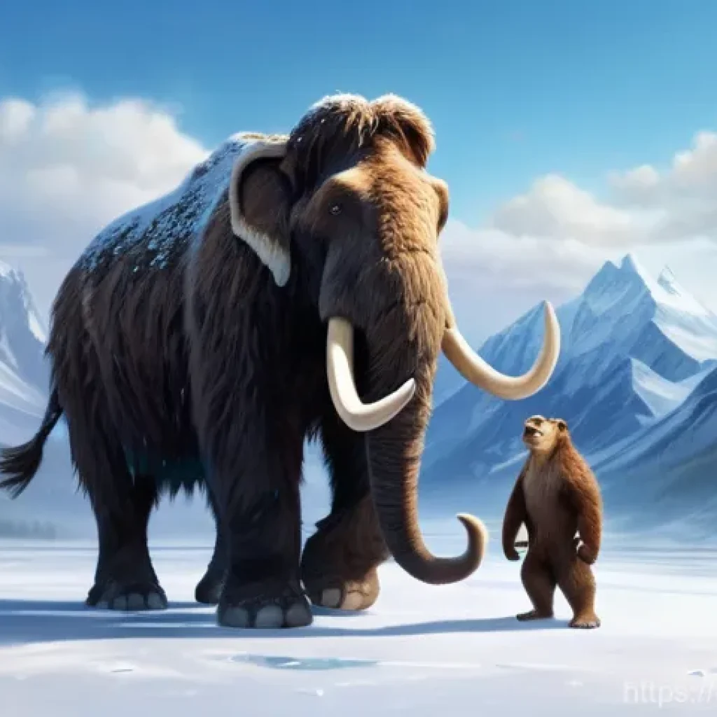 아이스 에이지  Ice Age    아이스 에이지와 선사 시대 동물들의 모험 - **Prompt:** A heartwarming and protective scene featuring the core "Ice Age" family. Manny, the larg...
