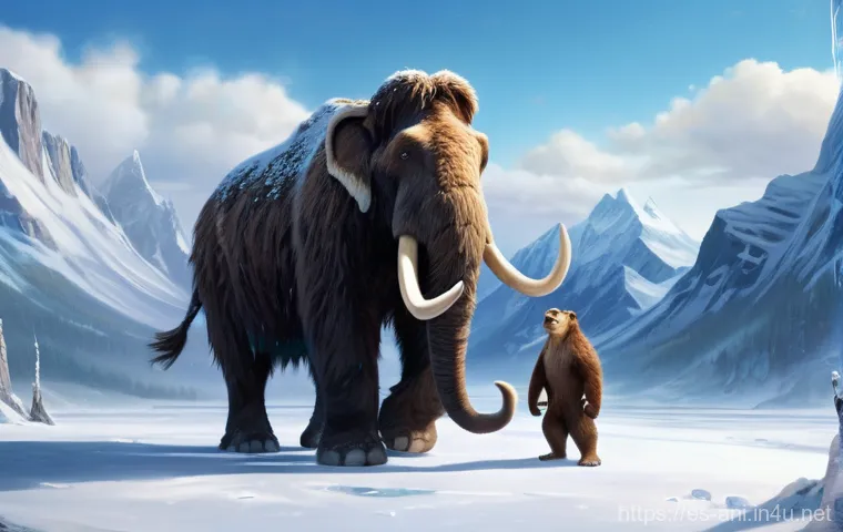 아이스 에이지  Ice Age    아이스 에이지와 선사 시대 동물들의 모험 - **Prompt:** A heartwarming and protective scene featuring the core "Ice Age" family. Manny, the larg...