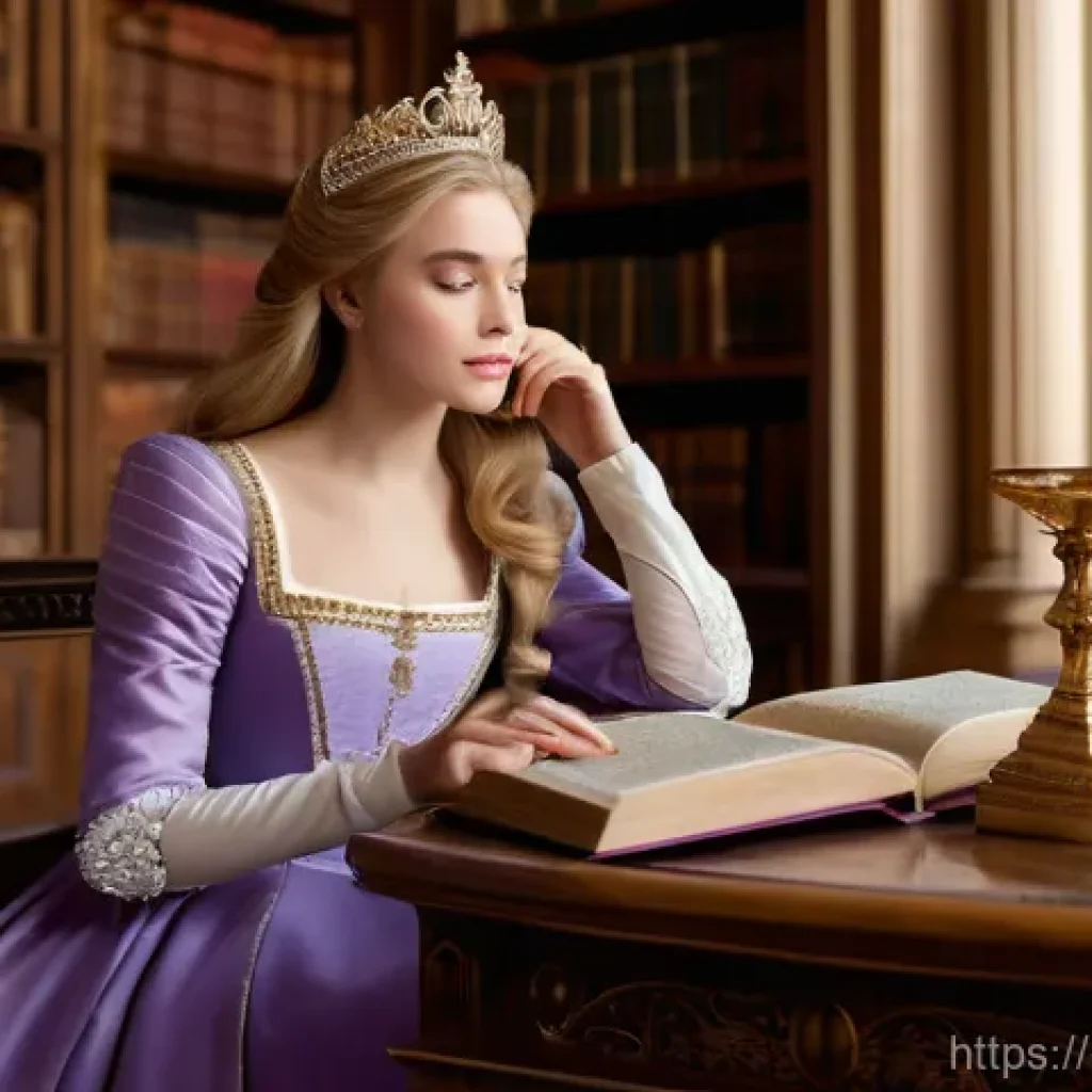바비  프린세스와 거지  Barbie as the Princess and the Pauper    바비 애니메이션과 클래식 동화 - **Image Prompt 1: Anneliese's Scholarly Retreat**
    "A stunning, elegant princess, Anneliese, with...
