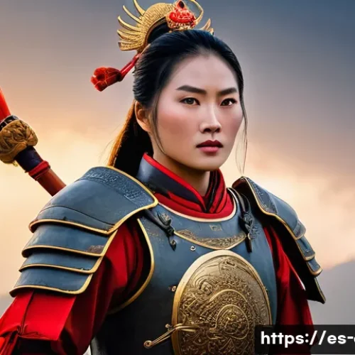 뮬란  Mulan    뮬란과 중국 역사 속 여성 영웅 - A powerful portrait of a female Chinese warrior inspired by Hua Mulan, dressed in traditional Ming D...