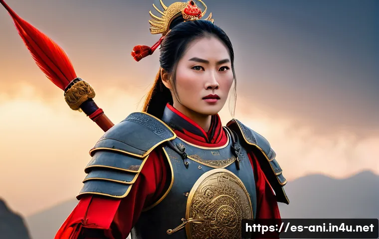 뮬란  Mulan    뮬란과 중국 역사 속 여성 영웅 - A powerful portrait of a female Chinese warrior inspired by Hua Mulan, dressed in traditional Ming D...