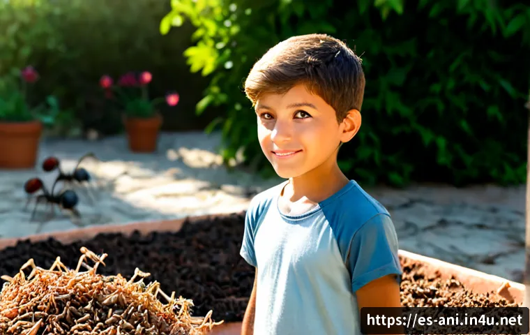 앤트 불리  The Ant Bully    앤트 불리와 곤충 세계의 의인화 - Photorealistic cinematic macro scene of a brave young boy in casual summer clothes, standing respect...