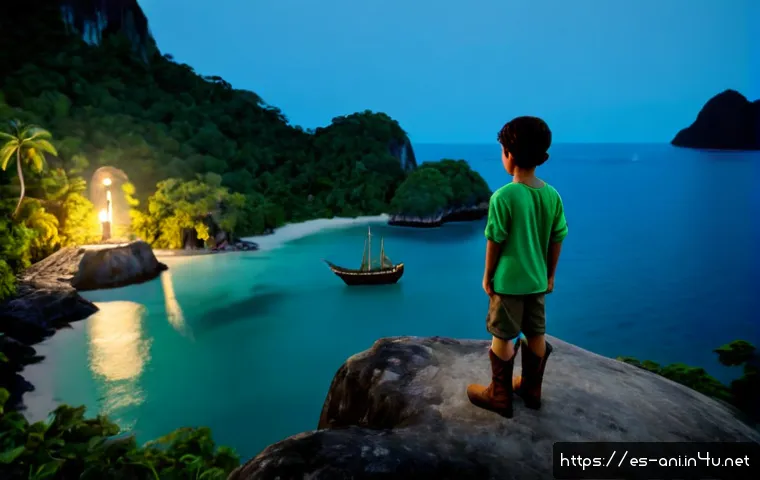 피터팬  Peter Pan    피터팬과 네버랜드의 상징성 - Photorealistic cinematic scene of a young adventurous boy in a simple green tunic and brown boots st...